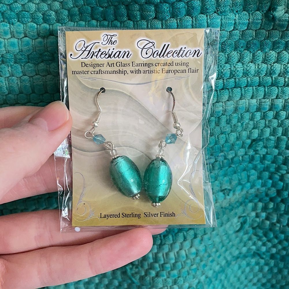 NWT The Artesian Collection teal glass earrings , sterling silver finish